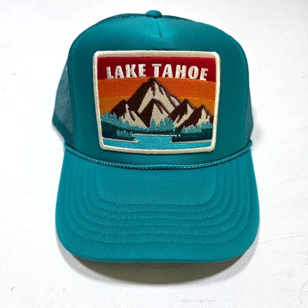 Port Sandz Lake Tahoe Trucker Hat Unisex OSFM Teal Mountain Patch Snapback Cap